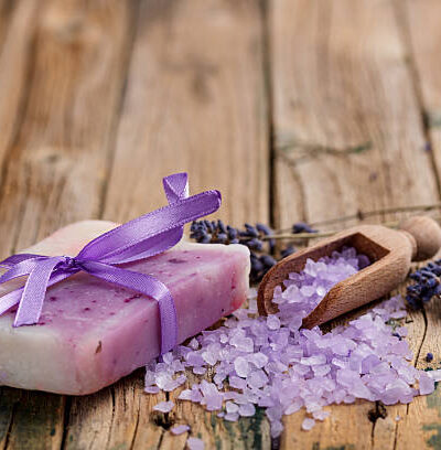 Herbal soap with sea salt and lavender flowers